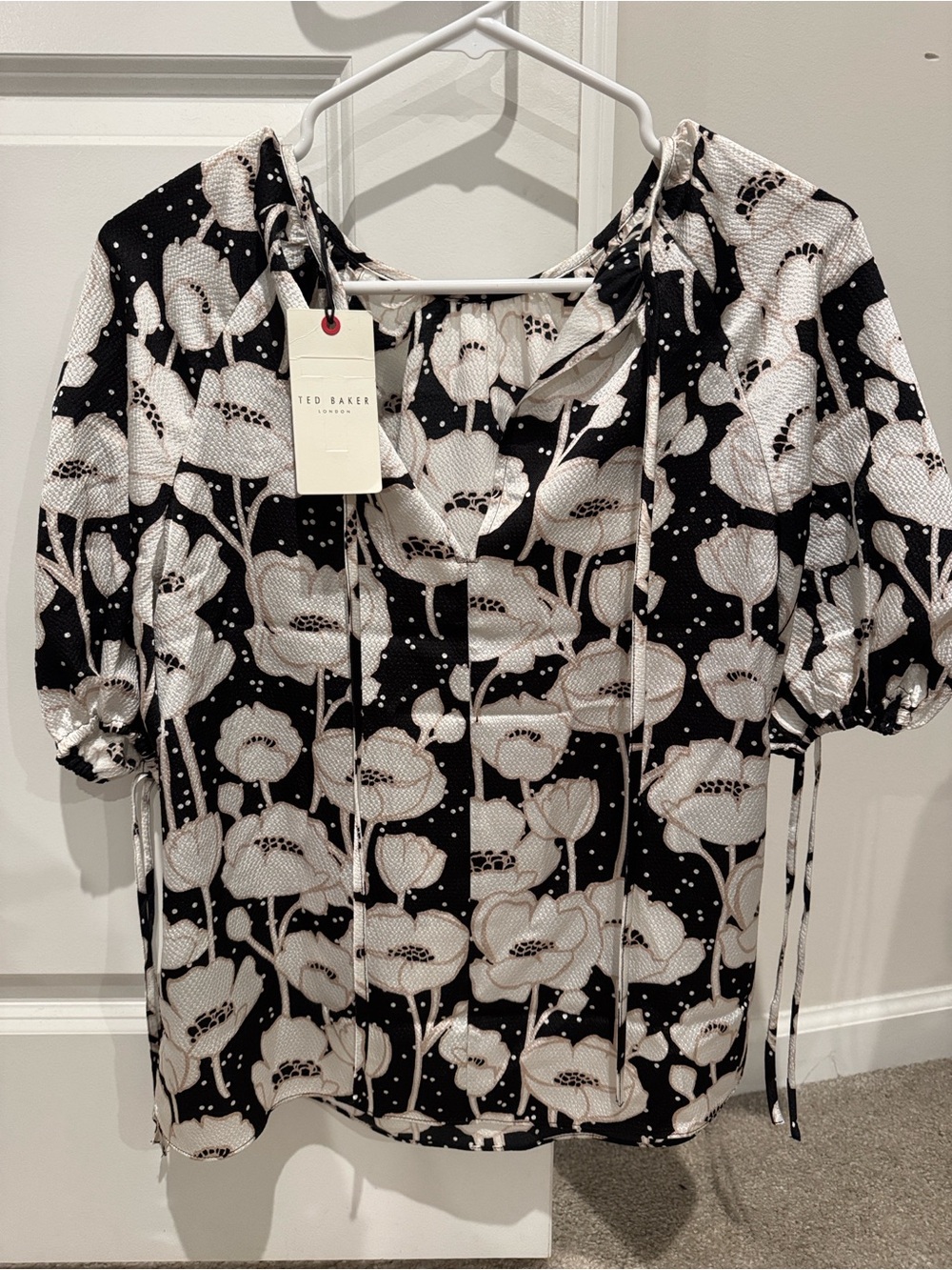 Ted Baker Black and White Floral Tie-Neck Blouse